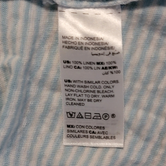 Chico’s size 1 Light Blue & white striped 3/4 sleeve V-neck Linen Shirt - Picture 9 of 10